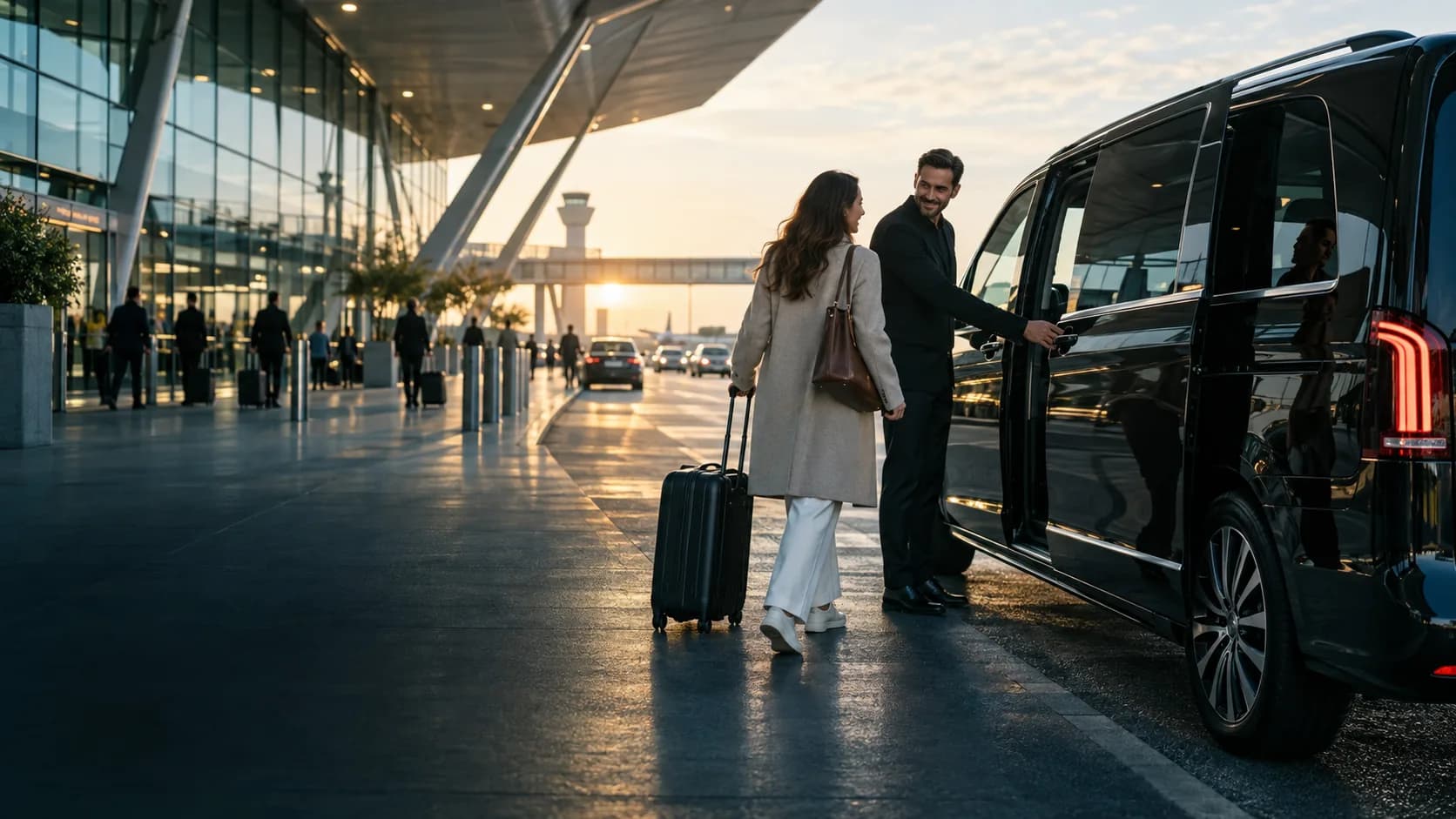 A traveller being welcomed to a private minibus outside an airport